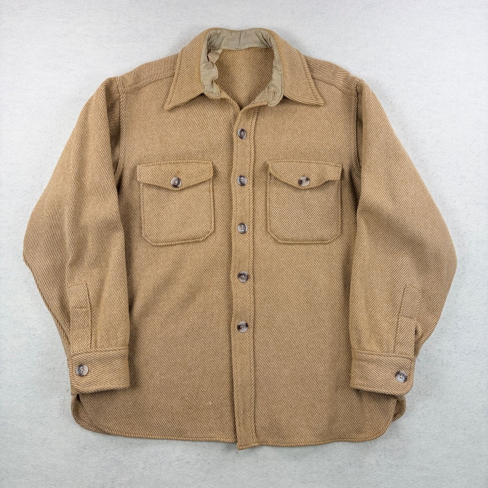 Vintage Woolrich Mens Tan Heavy Twill Wool Blend Shirt Jacket Button Up M